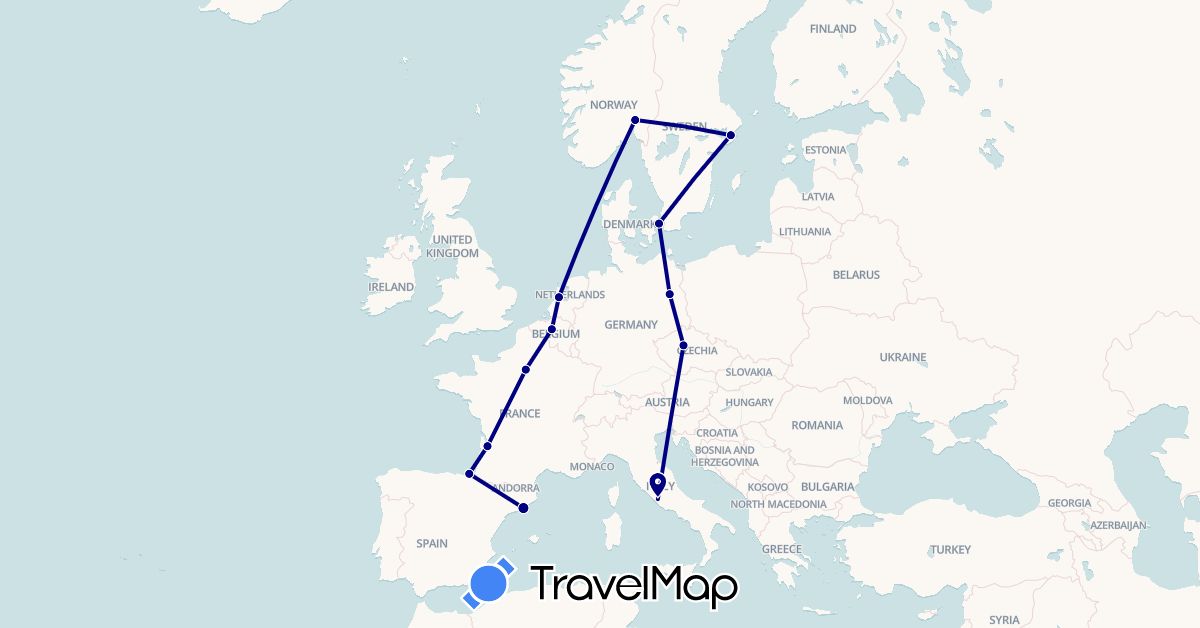 TravelMap itinerary: driving in Belgium, Czech Republic, Germany, Denmark, Spain, France, Italy, Netherlands, Norway, Sweden (Europe)